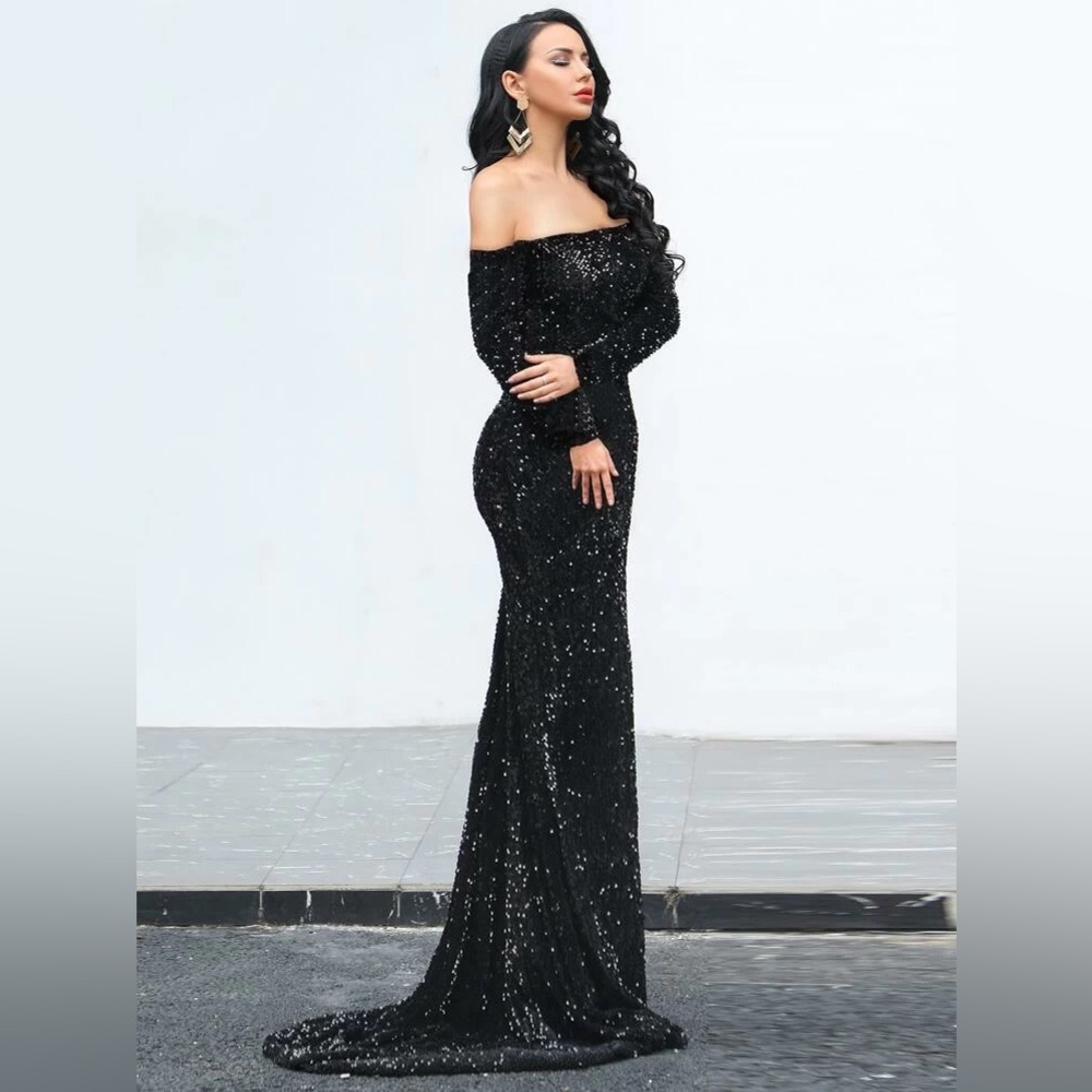 Black off shoulder sequin mermaid dress. Size Medium.